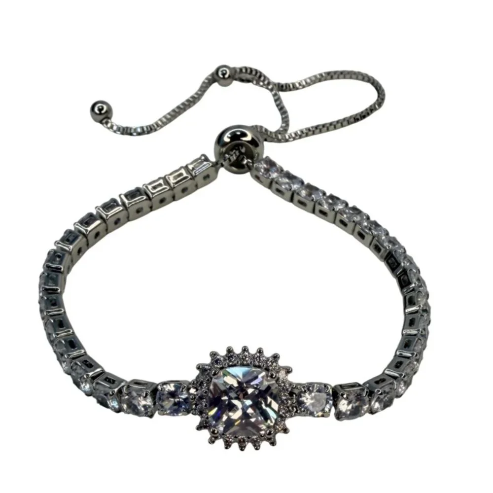 Vintage Swarovski‎ Crystal Tennis Bracelet Halo Center Sterling Overlay Slider